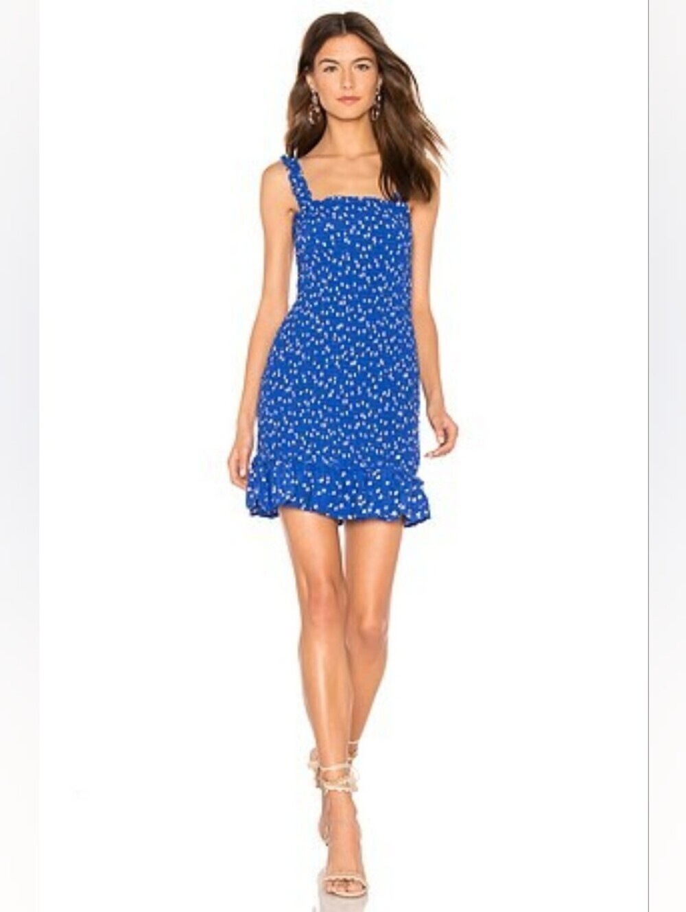 Faithfull The Brand Cobalt Blue Floral Del Mar Ruffle Smocked Stretch Mini Dress